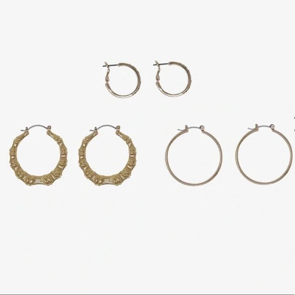 Hot Topic Jewelry - Hot Topic Bamboo and Bling 3 Pair Hoop Earring Set